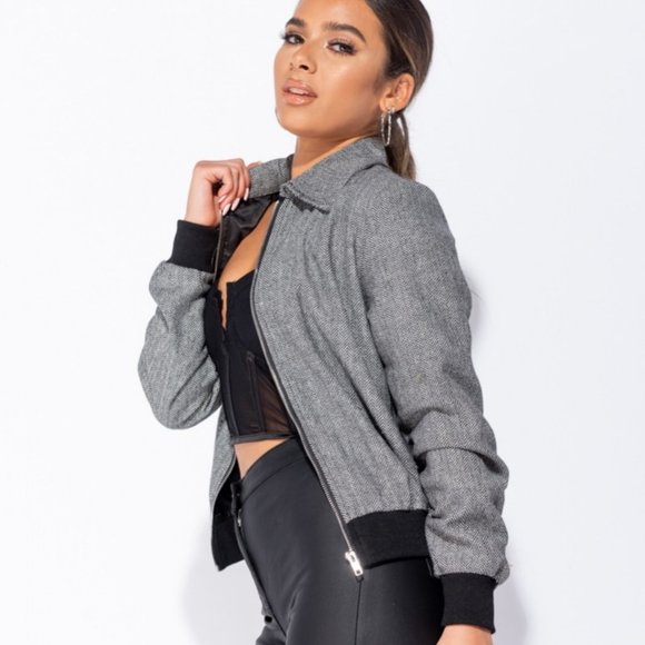 Gray Herringbone Tweed Long Sleeve Bomber Jacket - Picture 4 of 11